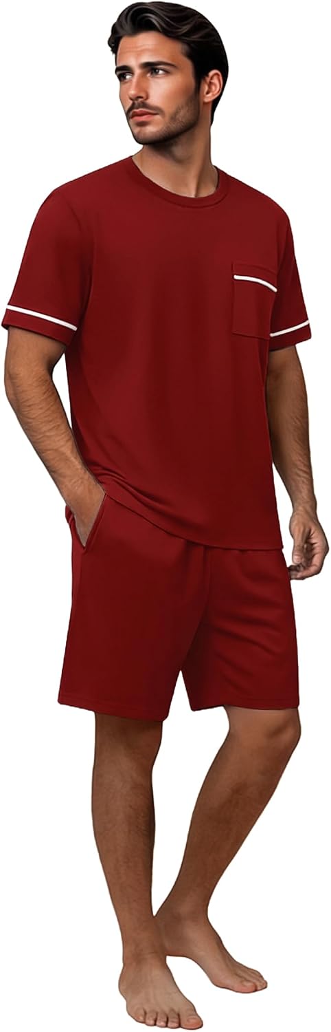 Ekouaer Men pajama set 2 Piece Short Sleeve Shirt and Shorts Lounge Sets
