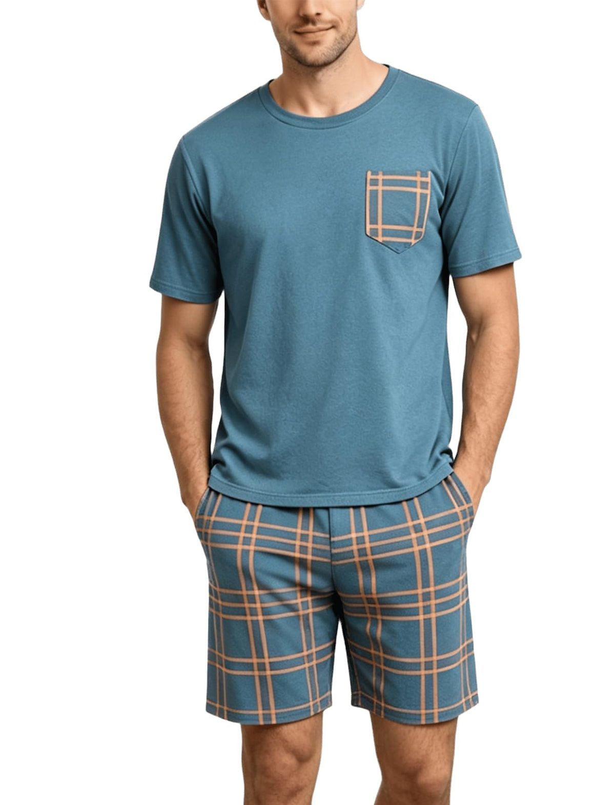 Mens Pajama Set Summer Sleepwear Short Sleeve Loungewear Lightweight Soft Nightwear Shirts Plaid Shorts with Pockets