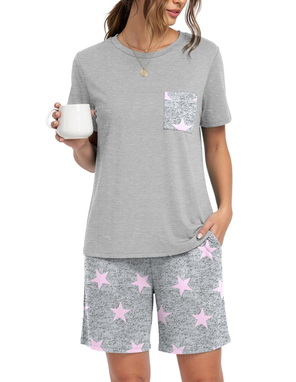 PrinStory Couples Pajamas Set Shirts and Shorts Summer Comfy Lounge Family