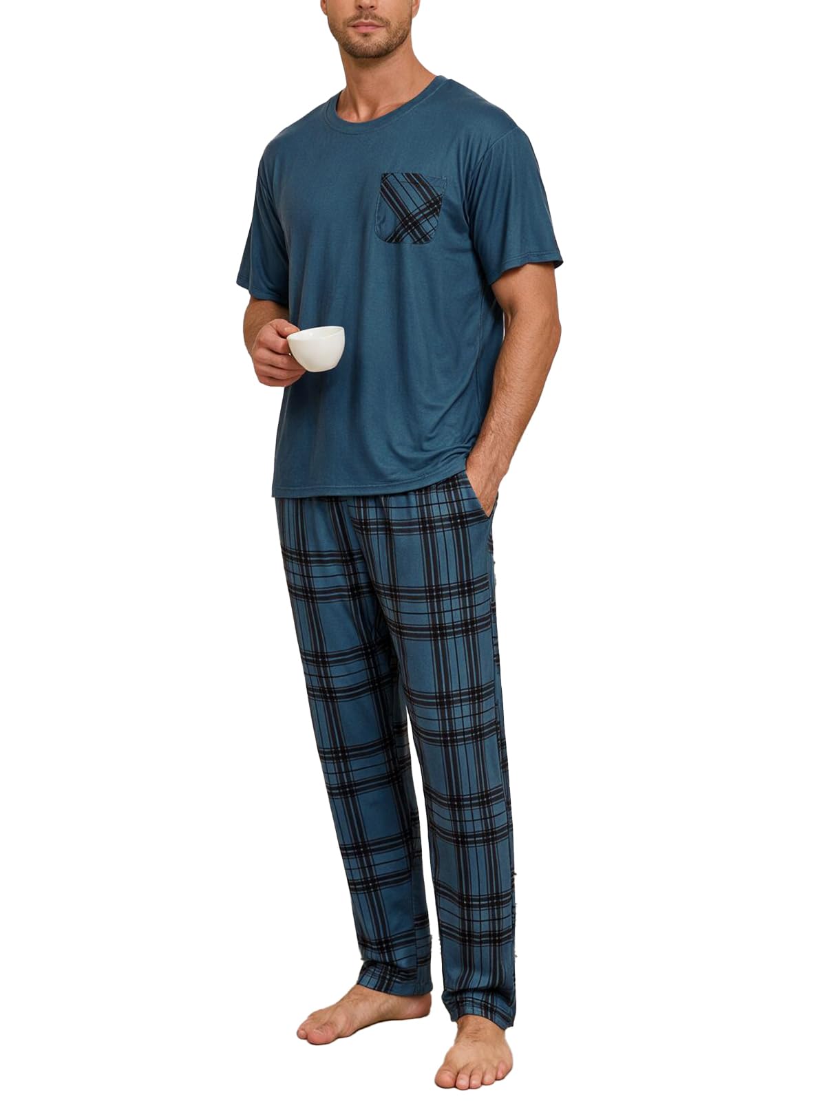 Mens Pajama Set Summer Sleepwear Short Sleeve Loungewear Lightweight Soft Nightwear Shirts Plaid Pants Pockets