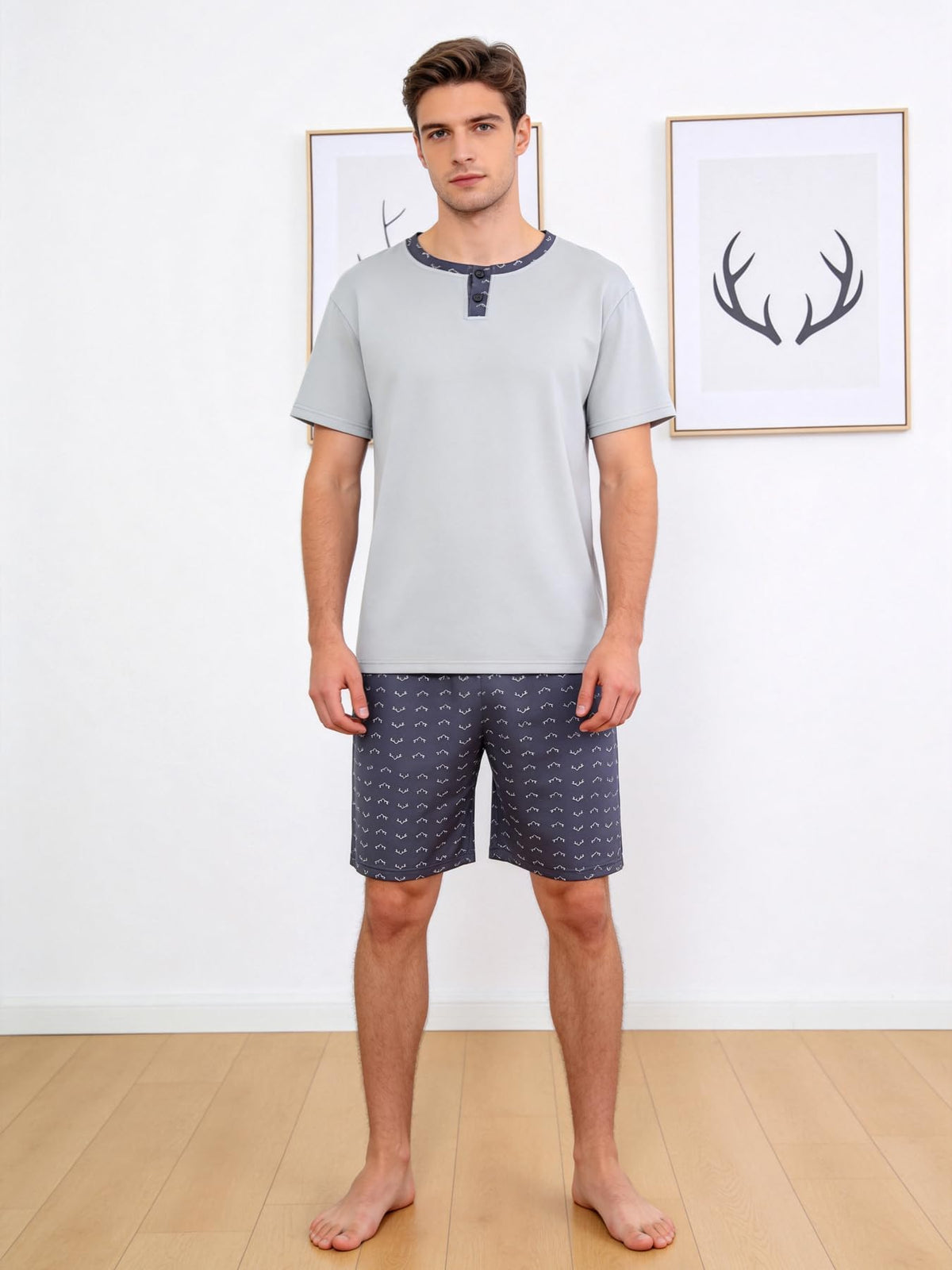 Men's Short Sleeve Pajama Set with Henley Neckline Soft Lounge Sleepwear Casual T-Shirt and Shorts Homewear for Summer