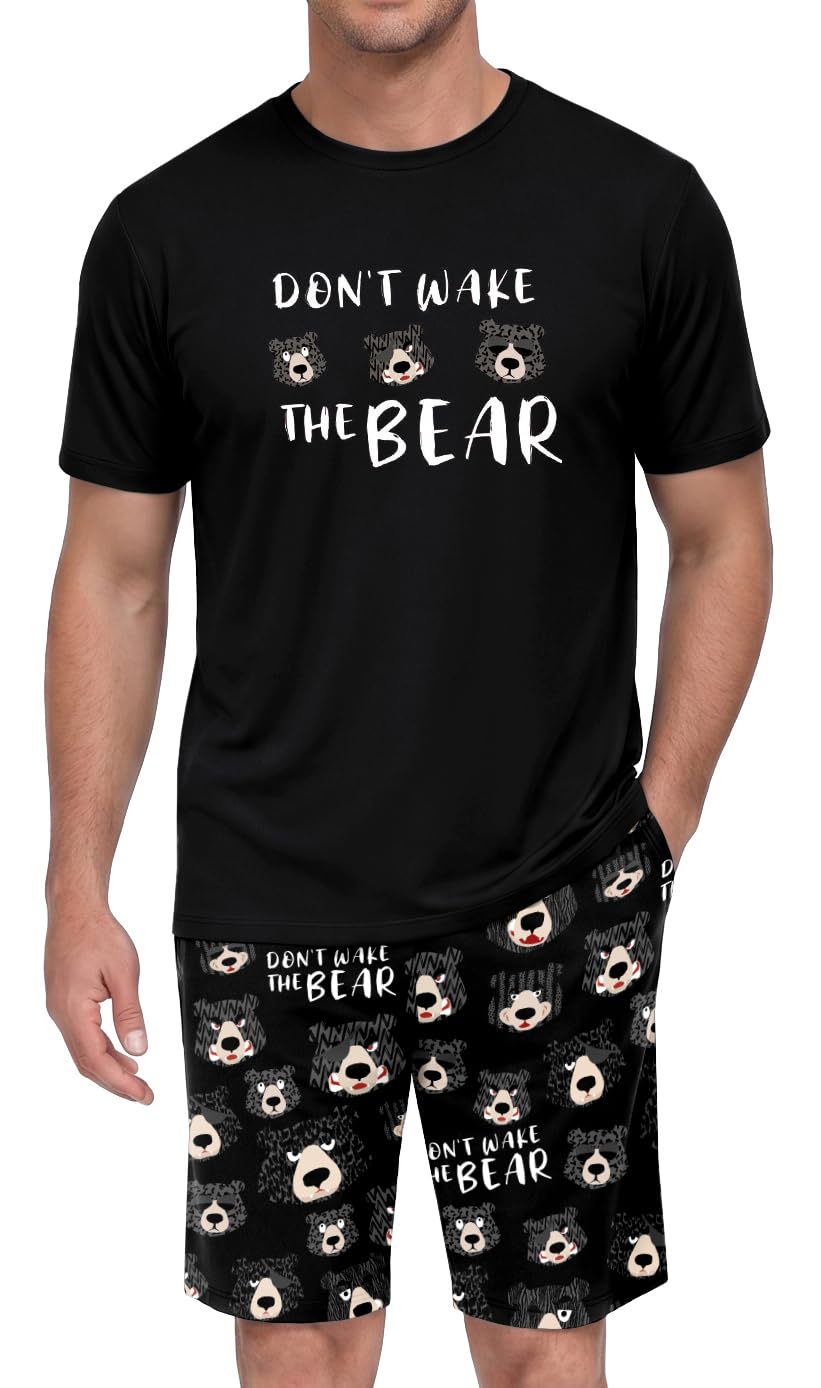 PrinStory Men Pajama Set Summer Pjs Sleepwear Short Sleeve Graphic Tee and Printed Shorts Novelty Loungewear With Pocket