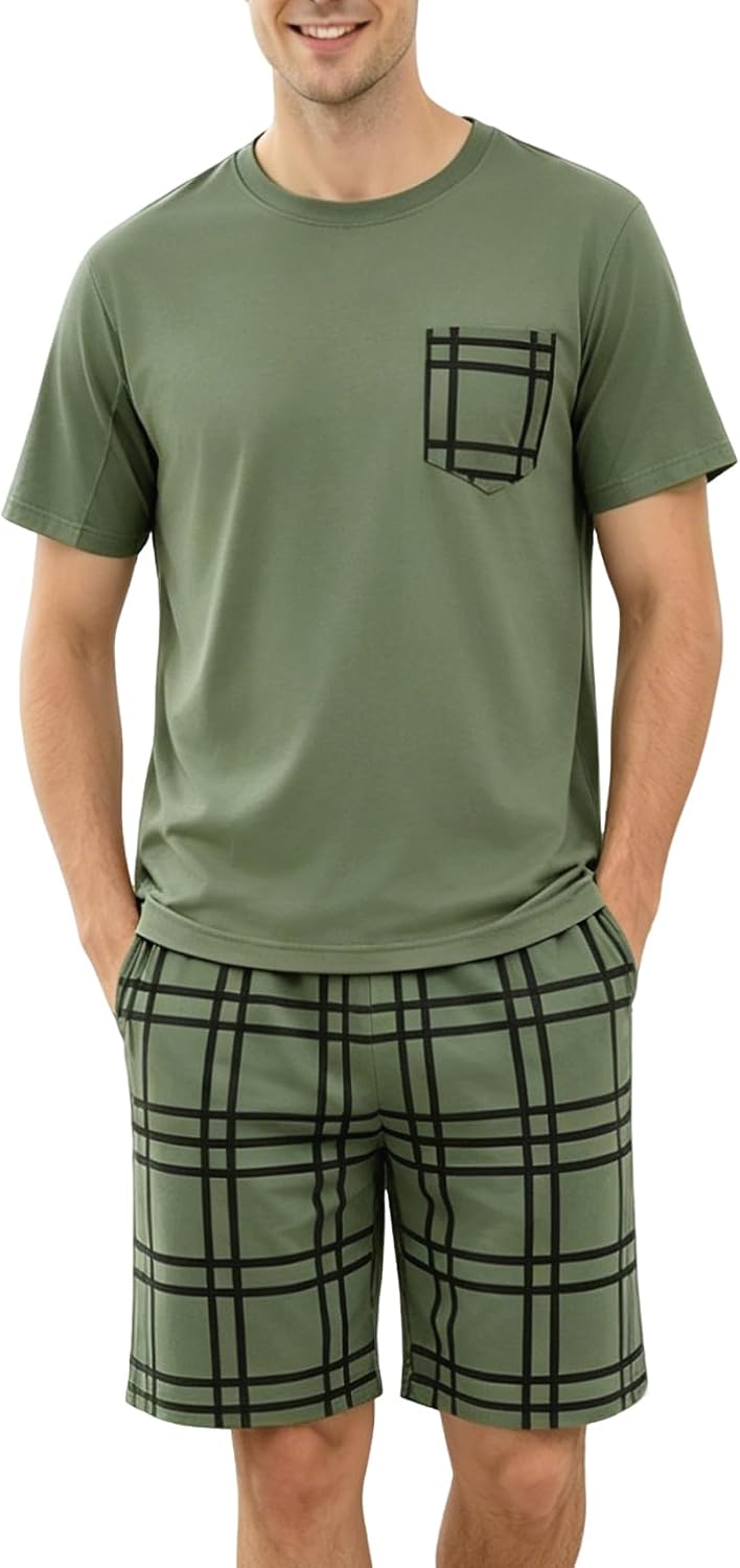 Mens Pajama Set Summer Sleepwear Short Sleeve Loungewear Lightweight Soft Nightwear Shirts Plaid Shorts with Pockets