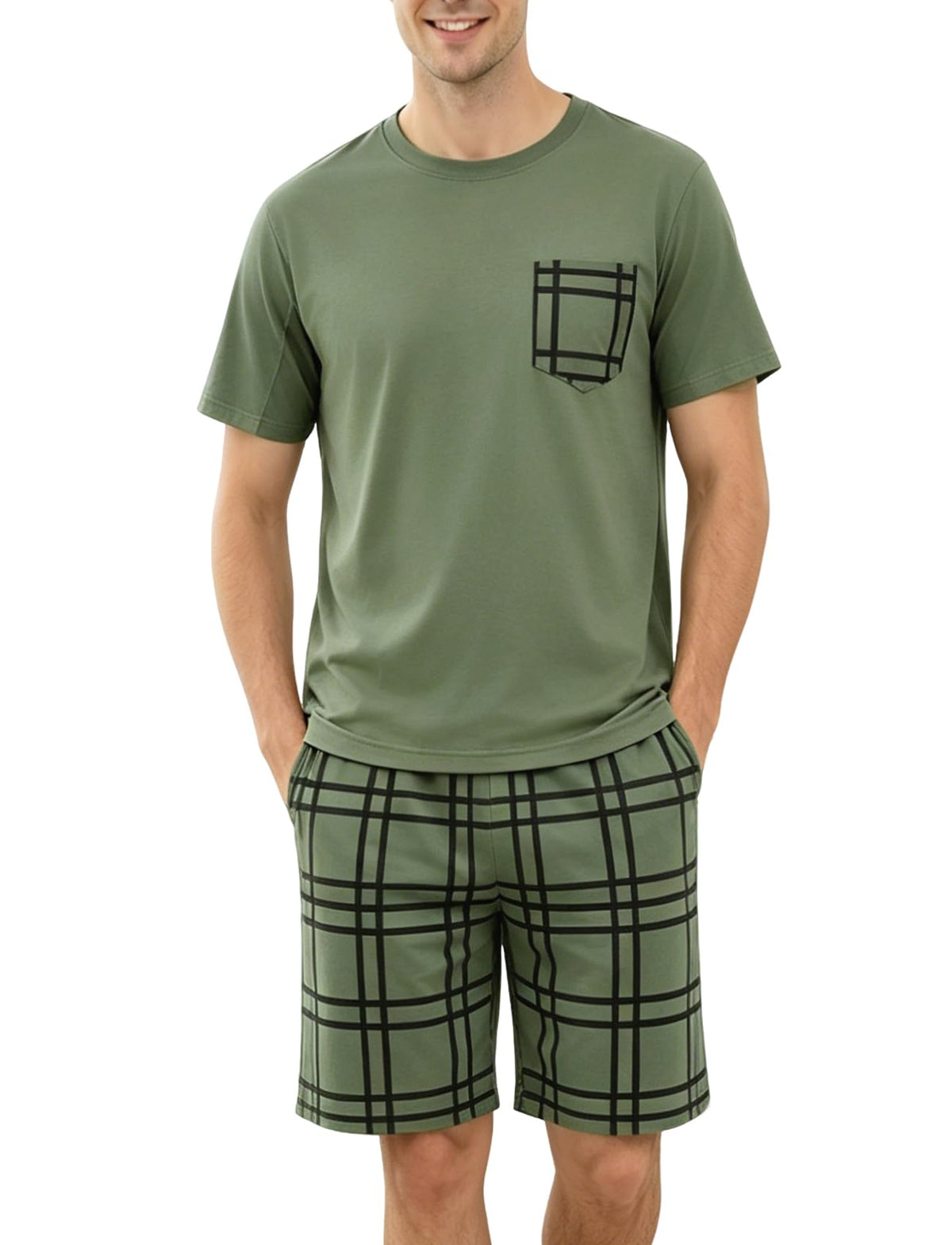 Mens Pajama Set Summer Sleepwear Short Sleeve Loungewear Lightweight Soft Nightwear Shirts Plaid Shorts with Pockets