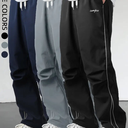 Men's Relaxed Fit Summer Woven Pants - Menswear Sportswear, Lightweight Athletic Fabric, Straight Leg with White Side Stripes, Non-Stretch, Machine Washable 100% Polyester Outdoor Trousers#SummerVibes