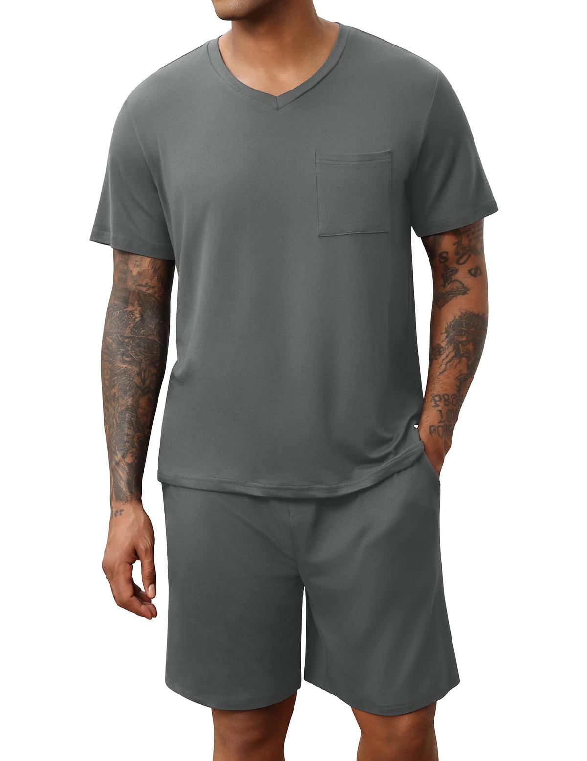 Ekouaer Mens Pajamas Set Soft Lounge Set V Neck Sleep Nightwear Short Sleeve Pjs with Pocket S-XXL