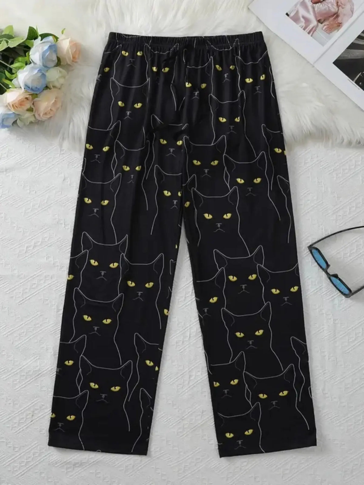 Men's Cat Pattern Sleep Pants, Pajama Bottoms, Casual Home Wear, Polyester Blend Material, Comfortable Spring & Fall Pajamas, Faux Drawstring Waist
