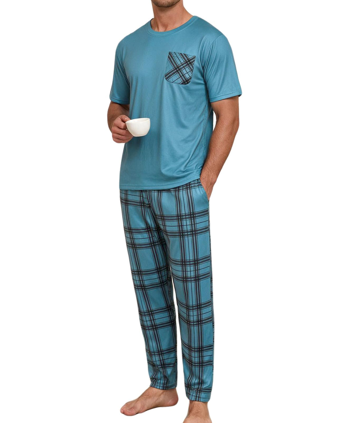 Mens Pajama Set Summer Sleepwear Short Sleeve Loungewear Lightweight Soft Nightwear Shirts Plaid Pants Pockets