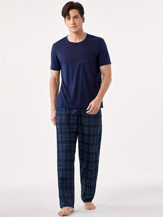 Men's Short Sleeve Pajama Set, Navy Solid T-Shirt & White Plaid Pants