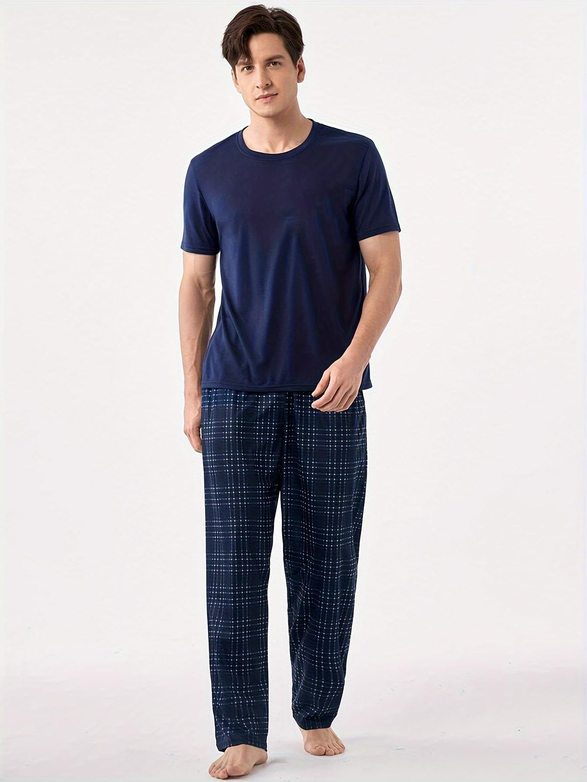 Men's Short Sleeve Pajama Set, Navy Solid T-Shirt & White Plaid Pants