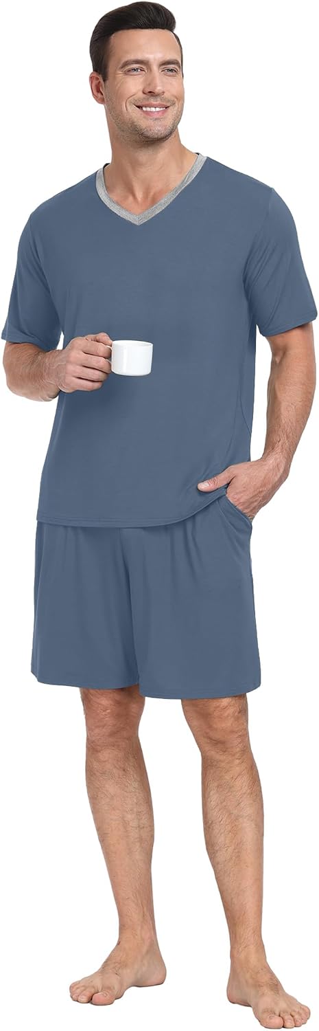 PrinStory Men's Pajama Set Sleepwear Pjs Lightweight Quick Dry Short Sleeve V-Neck Shirts and Shorts Soft Comfy Sleep Sets