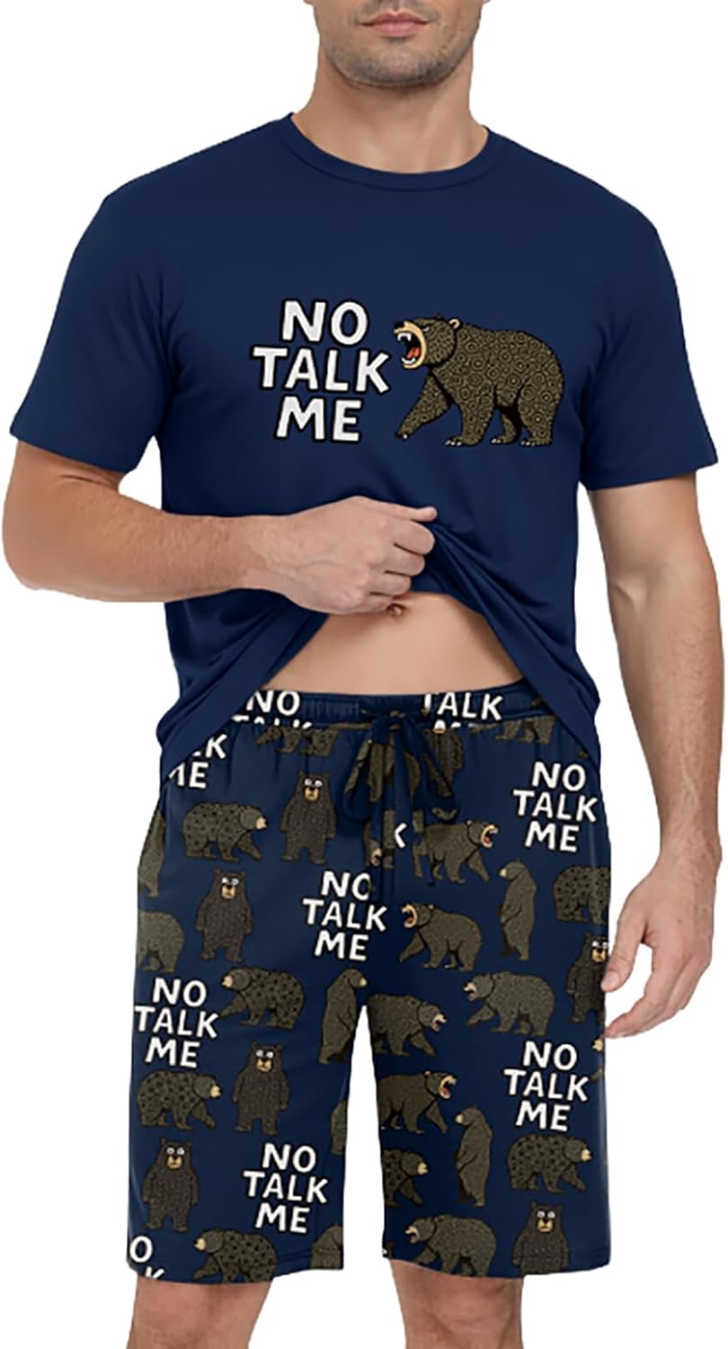 PrinStory Men Pajama Set Summer Pjs Sleepwear Short Sleeve Graphic Tee and Printed Shorts Novelty Loungewear With Pocket