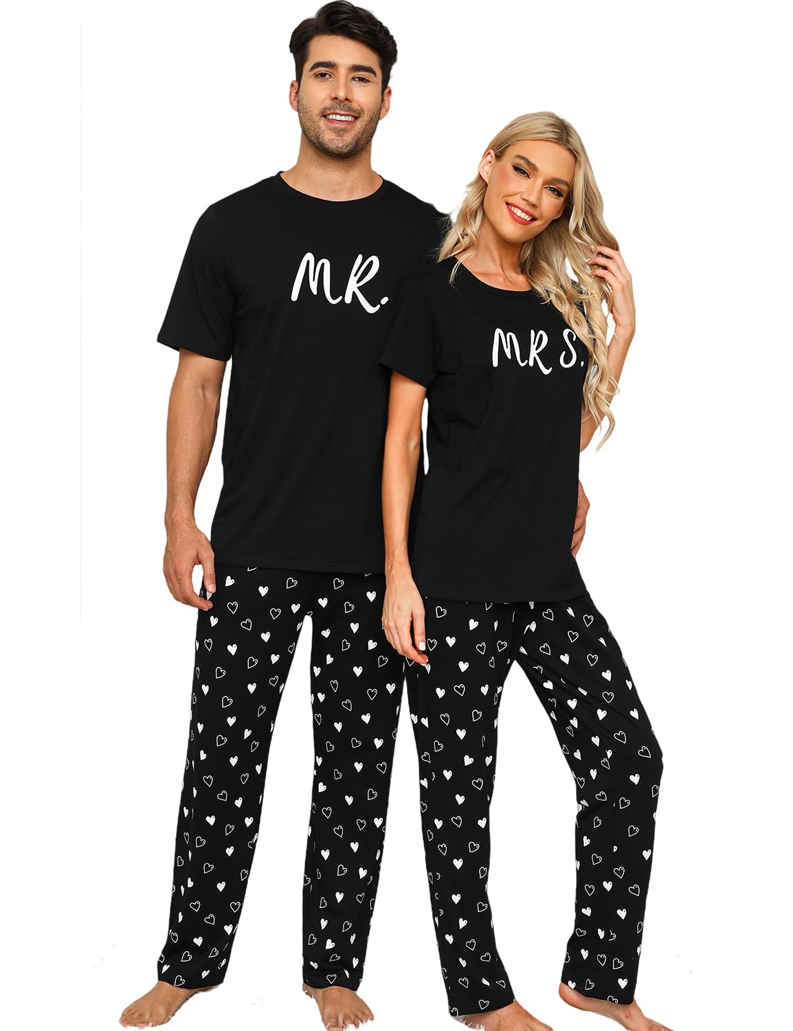 EISHOPEER Cotton Matching Pajamas for Couples Cute Printed Short Sleeve Top & Long Pants Sleepwear Pjs Sets
