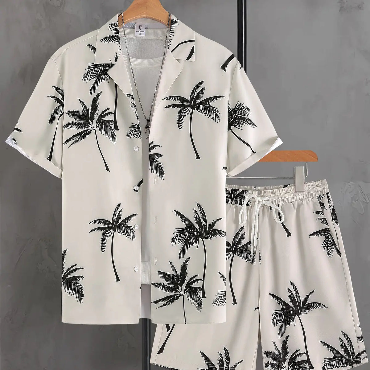 Men's White & Black Tropical Palm Tree Print Loungewear Set, Pajama Set, Pjs, Lounge Sets - Short-Sleeve Button-Up Shirt (Rolled Cuffs) + Drawstring Shorts, Ultra-Soft Smooth Fabric, Relaxed Oversized Fit, Perfect for At-Home Lounging, Pyjamas