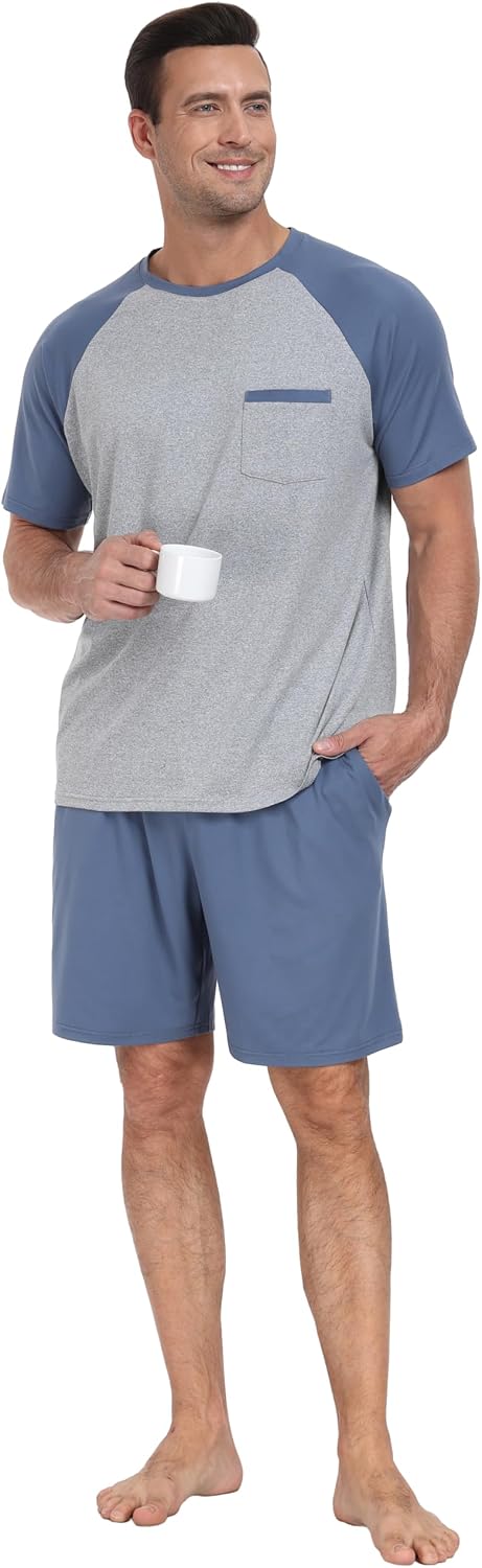 PrinStory Men‘s Pajama Set Summer Pjs Sleepwear Nightwear Lightweight Quick Dry Soft Stripe Sleep Set With Pocket S-2XL