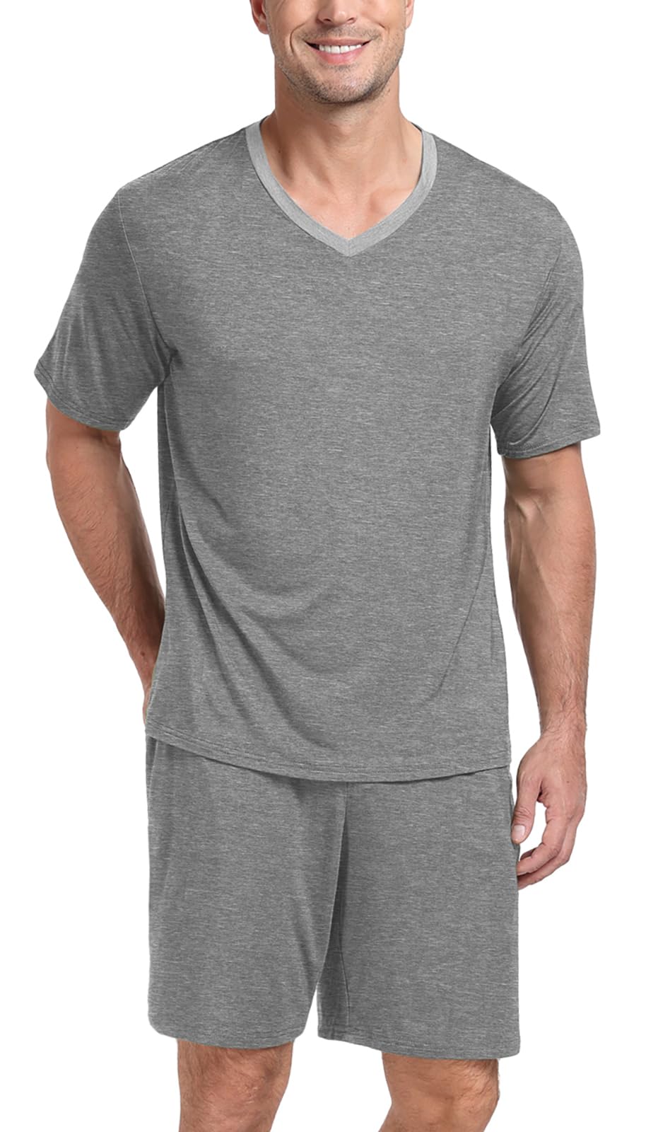 PrinStory Men's Pajama Set Sleepwear Pjs Lightweight Quick Dry Short Sleeve V-Neck Shirts and Shorts Soft Comfy Sleep Sets