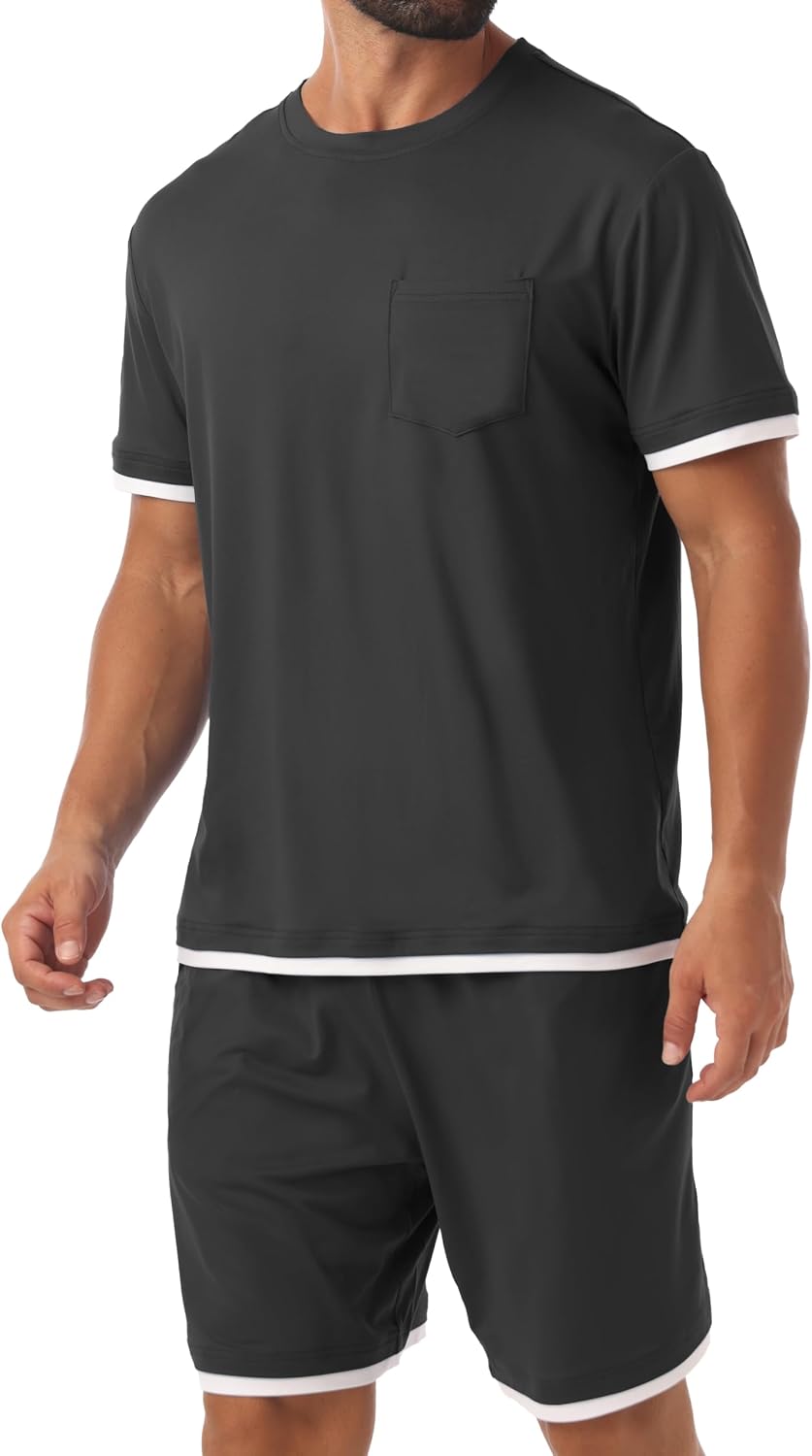 PrinStory Mens Pajamas Set Summer Short Sleeve Pjs Set S-3XL