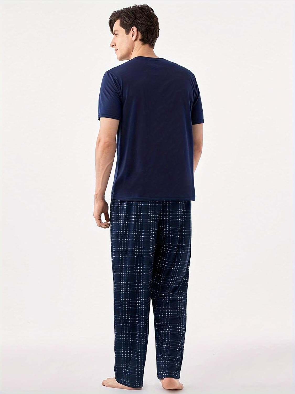 Men's Short Sleeve Pajama Set, Navy Solid T-Shirt & White Plaid Pants