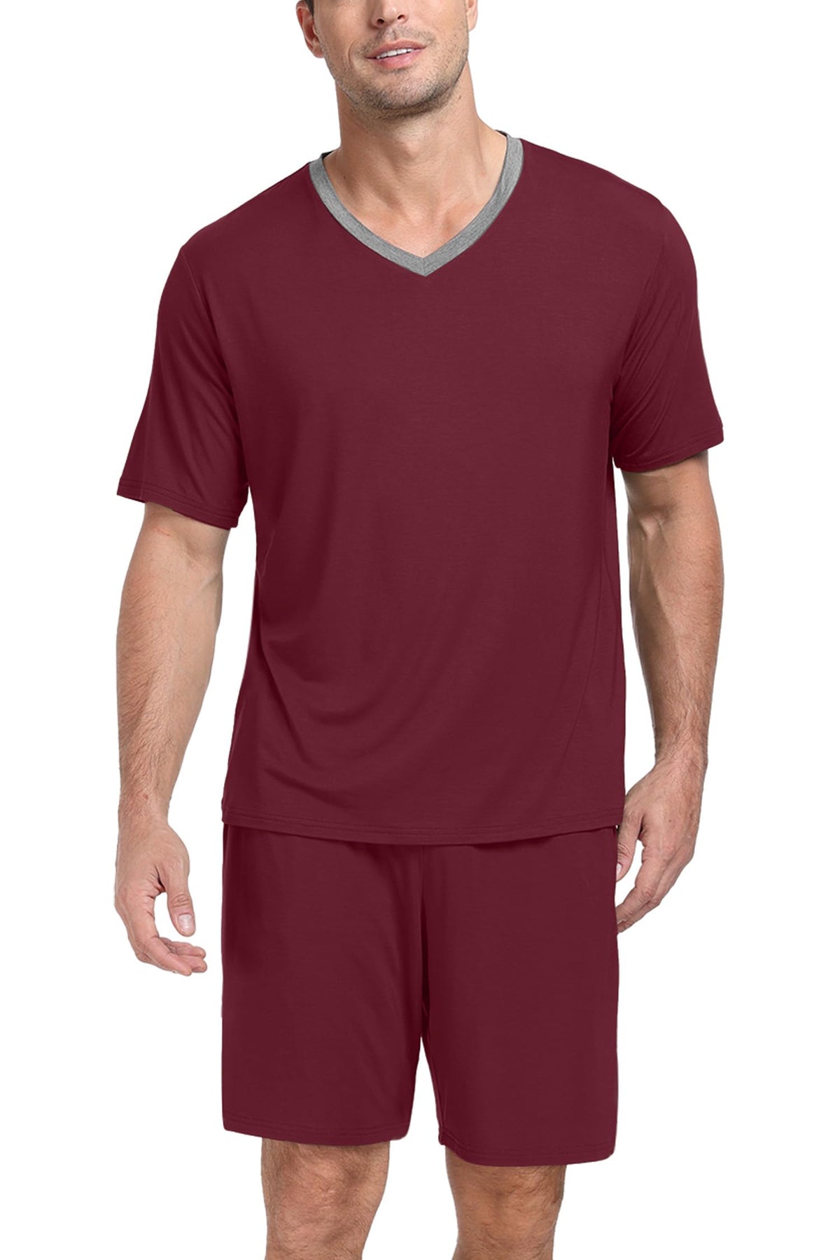 PrinStory Men's Pajama Set Sleepwear Pjs Lightweight Quick Dry Short Sleeve V-Neck Shirts and Shorts Soft Comfy Sleep Sets
