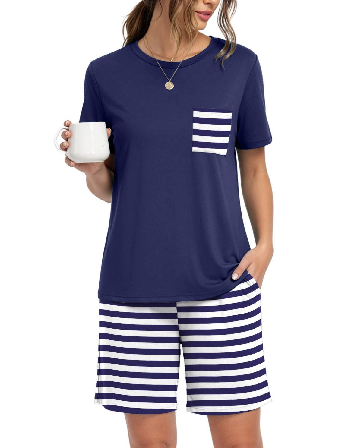 PrinStory Couples Pajamas Set Shirts and Shorts Summer Comfy Lounge Family