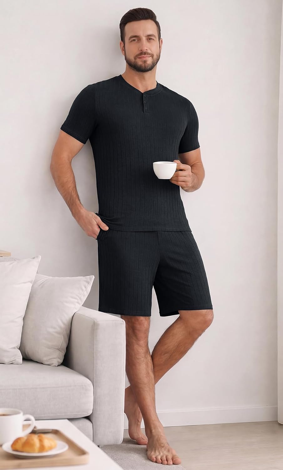 NITAGUT Men’s Summer Pajama Set Lightweight Loungewear Short Sleeve Henley Top & Sleep Shorts 2 Piece Stretch Lounge Set