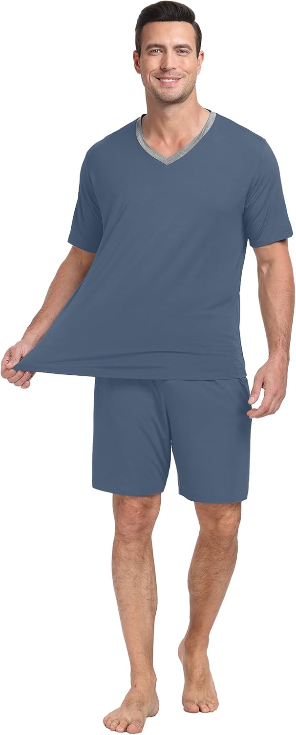 PrinStory Men's Pajama Set Sleepwear Pjs Lightweight Quick Dry Short Sleeve V-Neck Shirts and Shorts Soft Comfy Sleep Sets