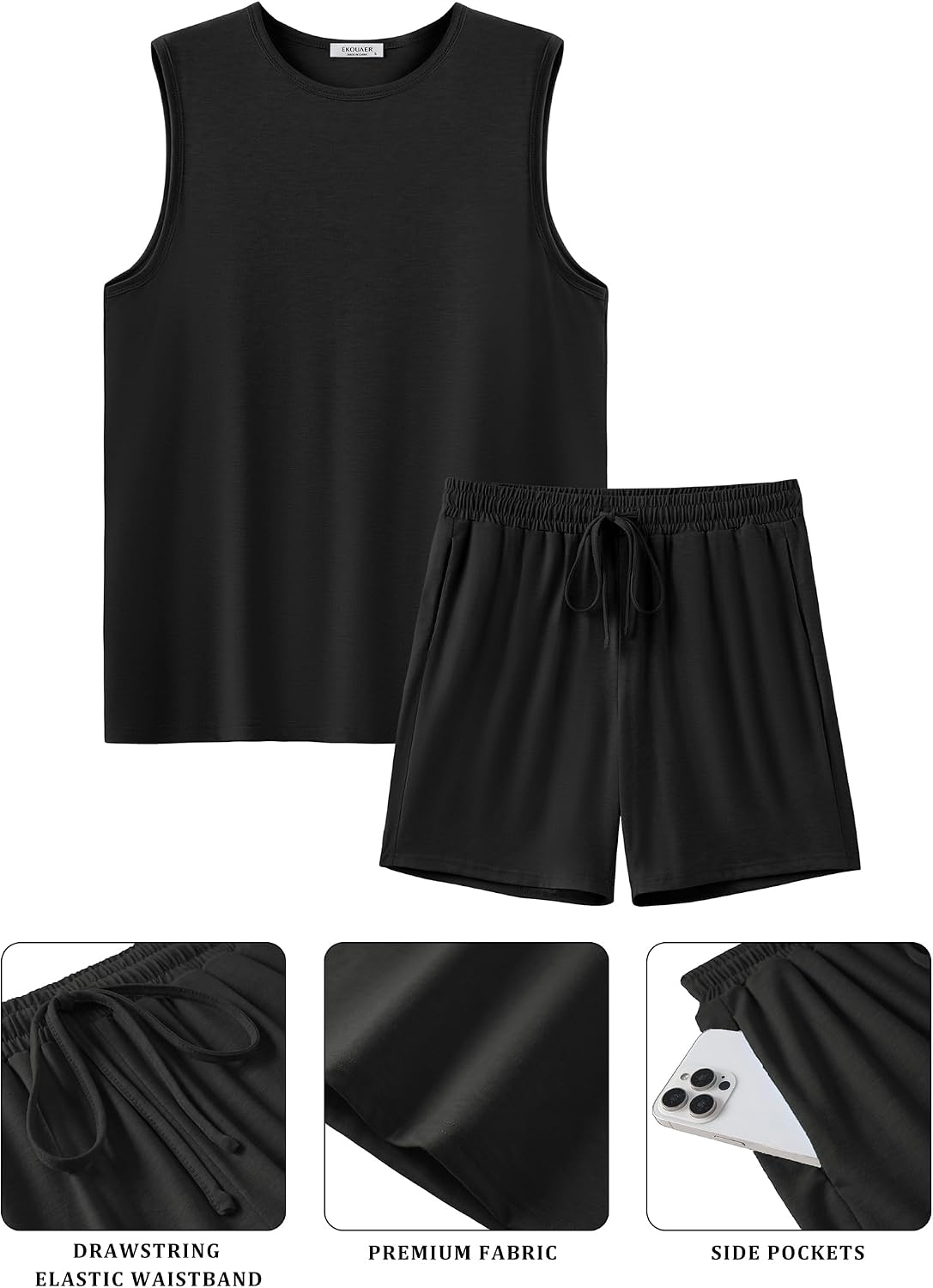 Ekouaer Men's Pajamas Set 2 Piece Workout Tank Top Pjs Shorts Sets S-XXL