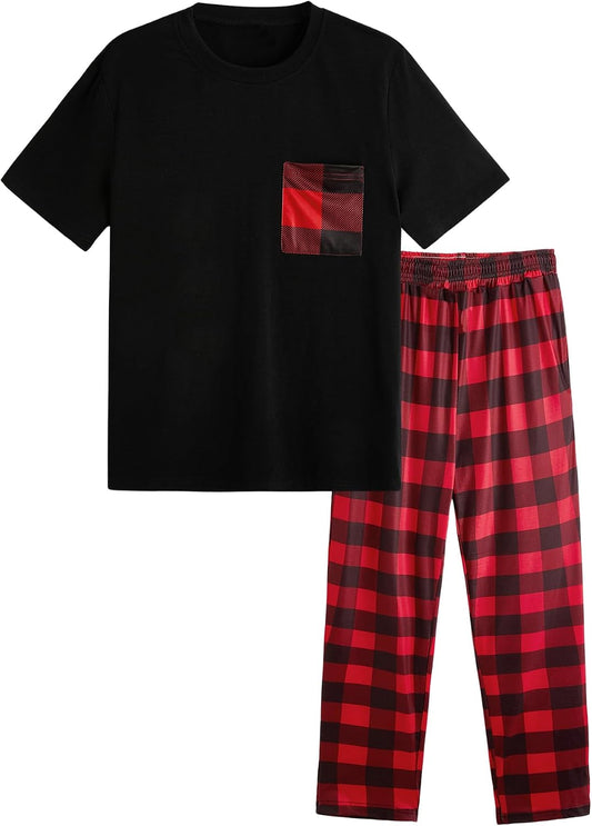 Verdusa Men's 2 Piece Loungewear Pajama Set Plaid Print Short Sleeve Tee Top and Pants Set