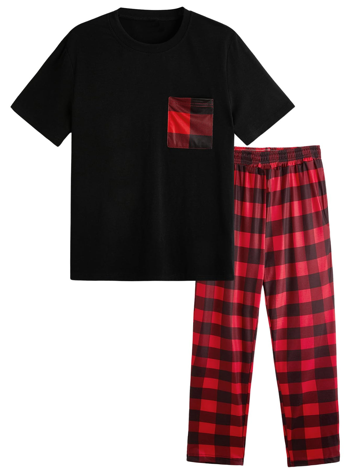 Verdusa Men's 2 Piece Loungewear Pajama Set Plaid Print Short Sleeve Tee Top and Pants Set