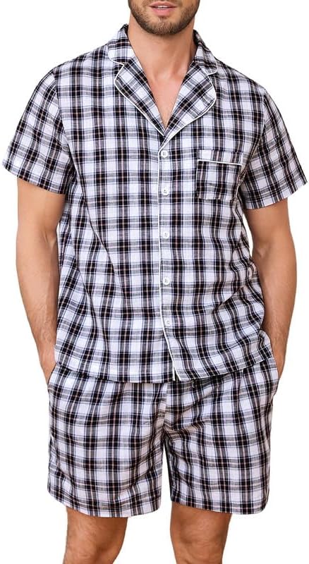 Marvmys Mens 100% Cotton Pajama Set Sleepwear Short Sleeve Pj Set Button Down Lounge Set Plaid Pajamas S-3XL