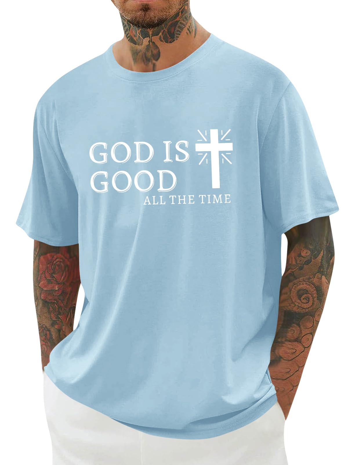 Mens Christian Shirts Shorts Sleeve Crewneck Jesus Cross Printed T Shirts Loose Graphic Tee