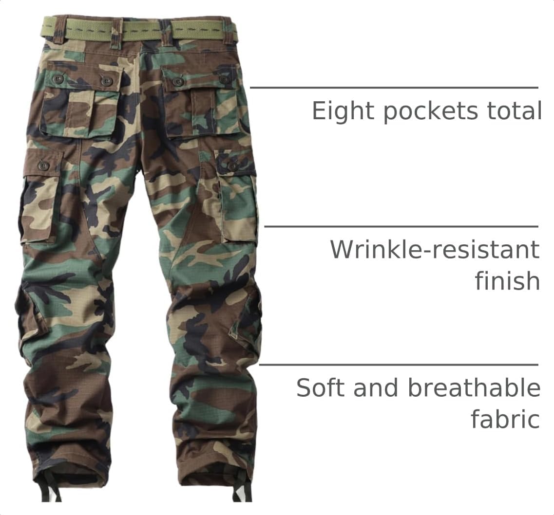 Men's Camo Cargo Work Pants Ripstop Lightweight Wild Army Military BDU Outdoor Trousers with 8 Pocktets (No Belt)