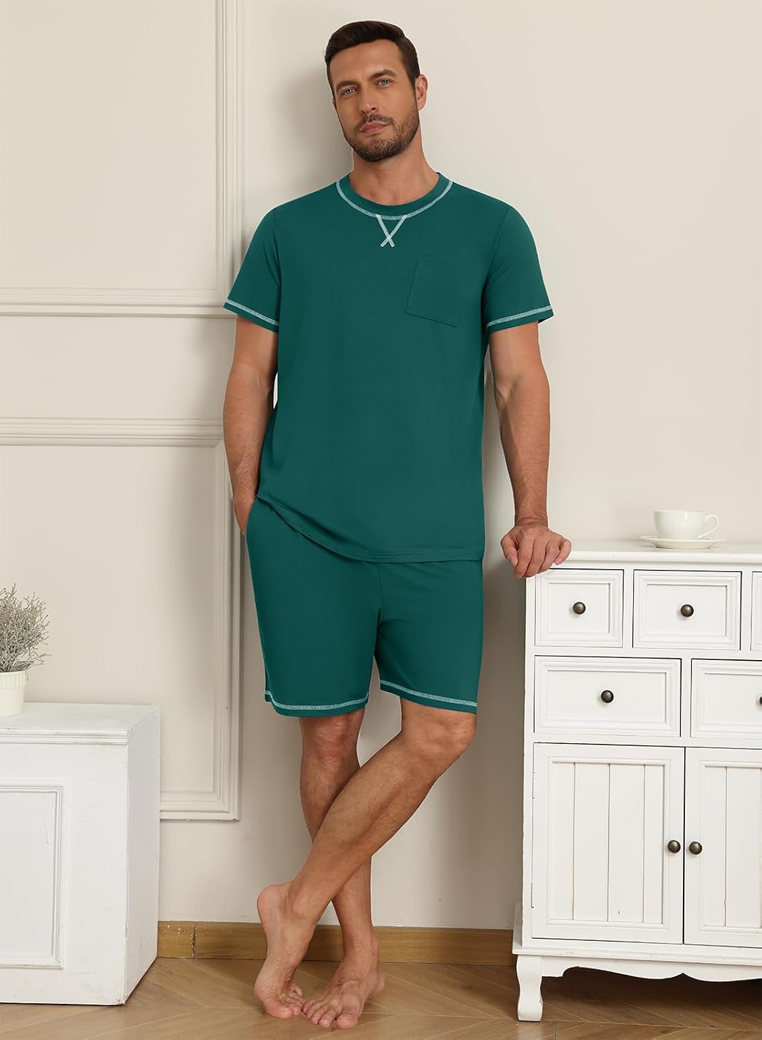Men's Pajamas Set Casual Short Sleeve Shirts and Shorts 2 Piece Loungewear With Pockets