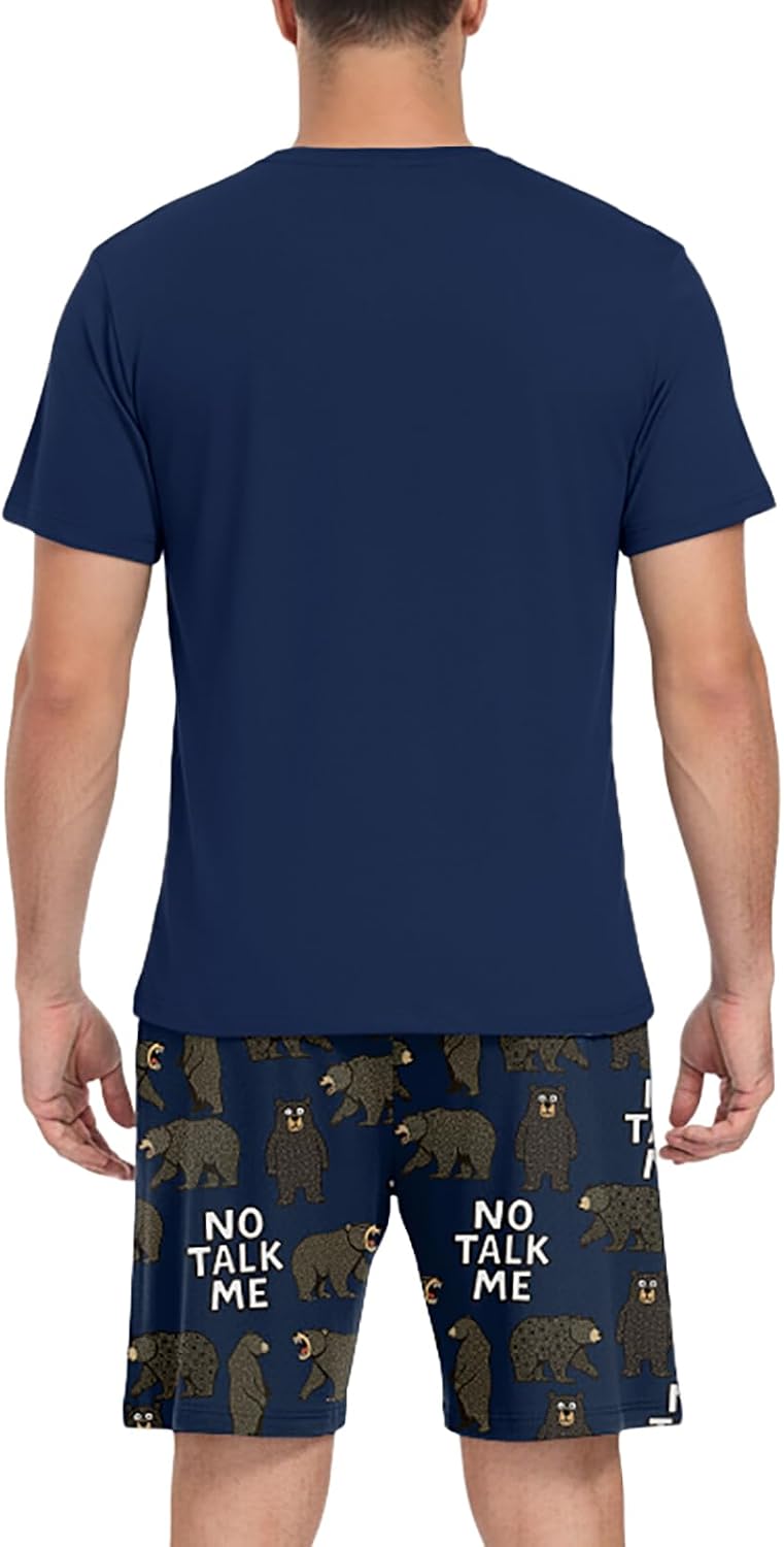 PrinStory Men Pajama Set Summer Pjs Sleepwear Short Sleeve Graphic Tee and Printed Shorts Novelty Loungewear With Pocket