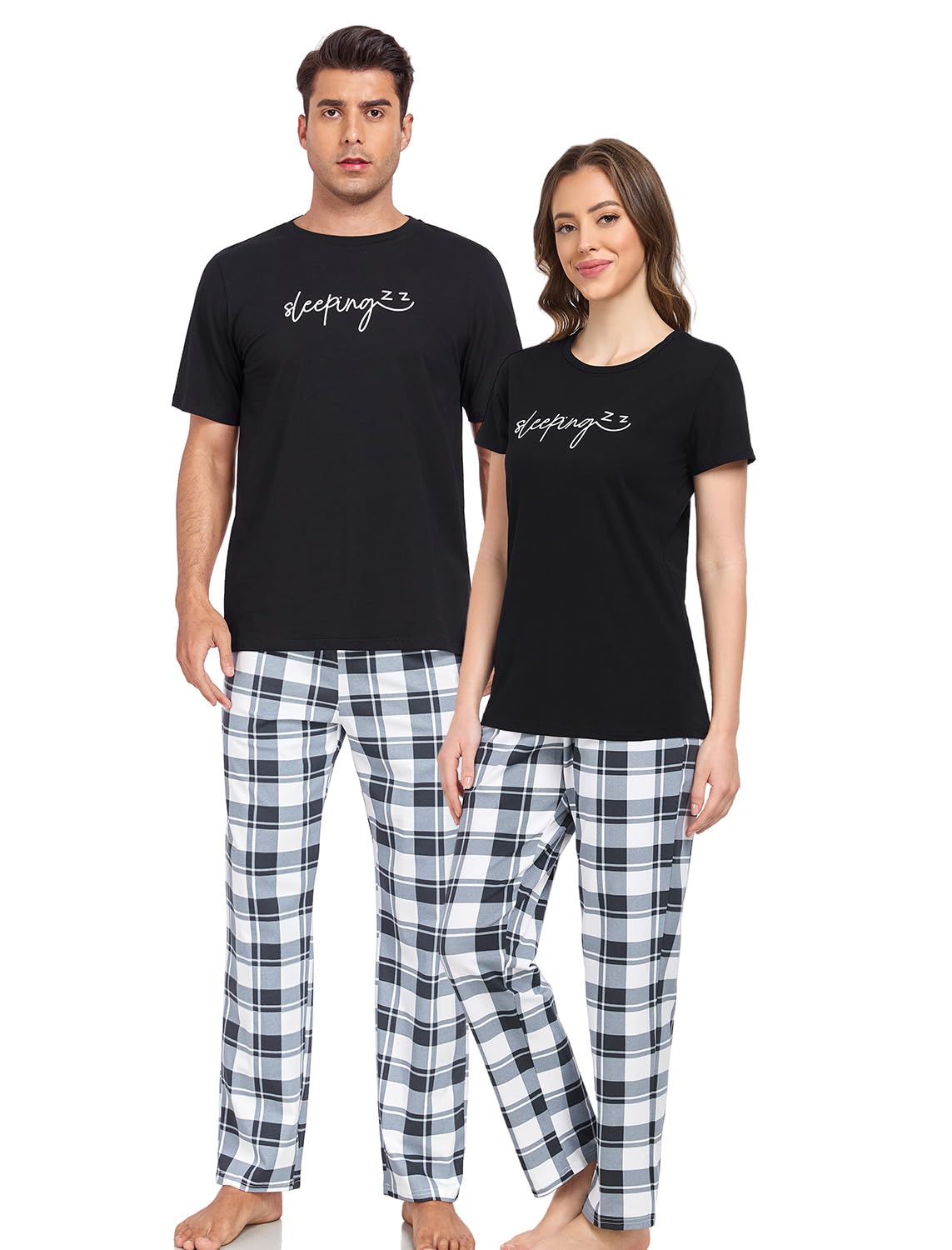 EISHOPEER Cotton Matching Pajamas for Couples Cute Printed Short Sleeve Top & Long Pants Sleepwear Pjs Sets