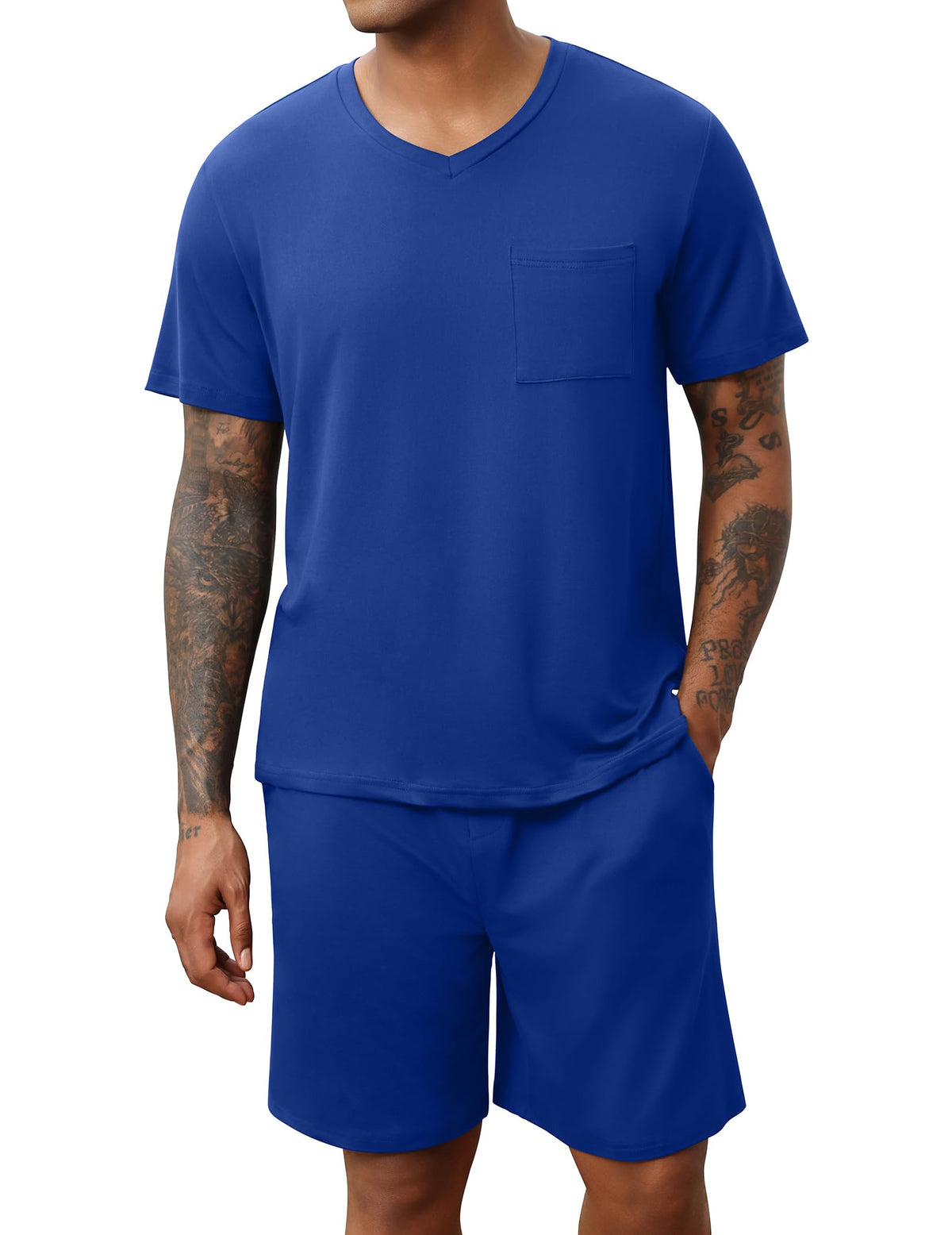 Ekouaer Mens Pajamas Set Soft Lounge Set V Neck Sleep Nightwear Short Sleeve Pjs with Pocket S-XXL