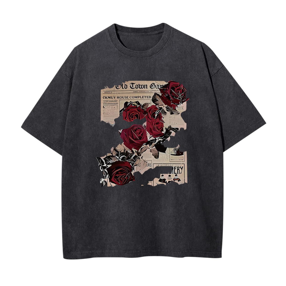 BeWithYou Mens Oversized Graphic T-Shirt Rose Floral Print Vintage Y2k Grunge Shirts Goth Shirt Gothic Tshirt Acid Wash Tops
