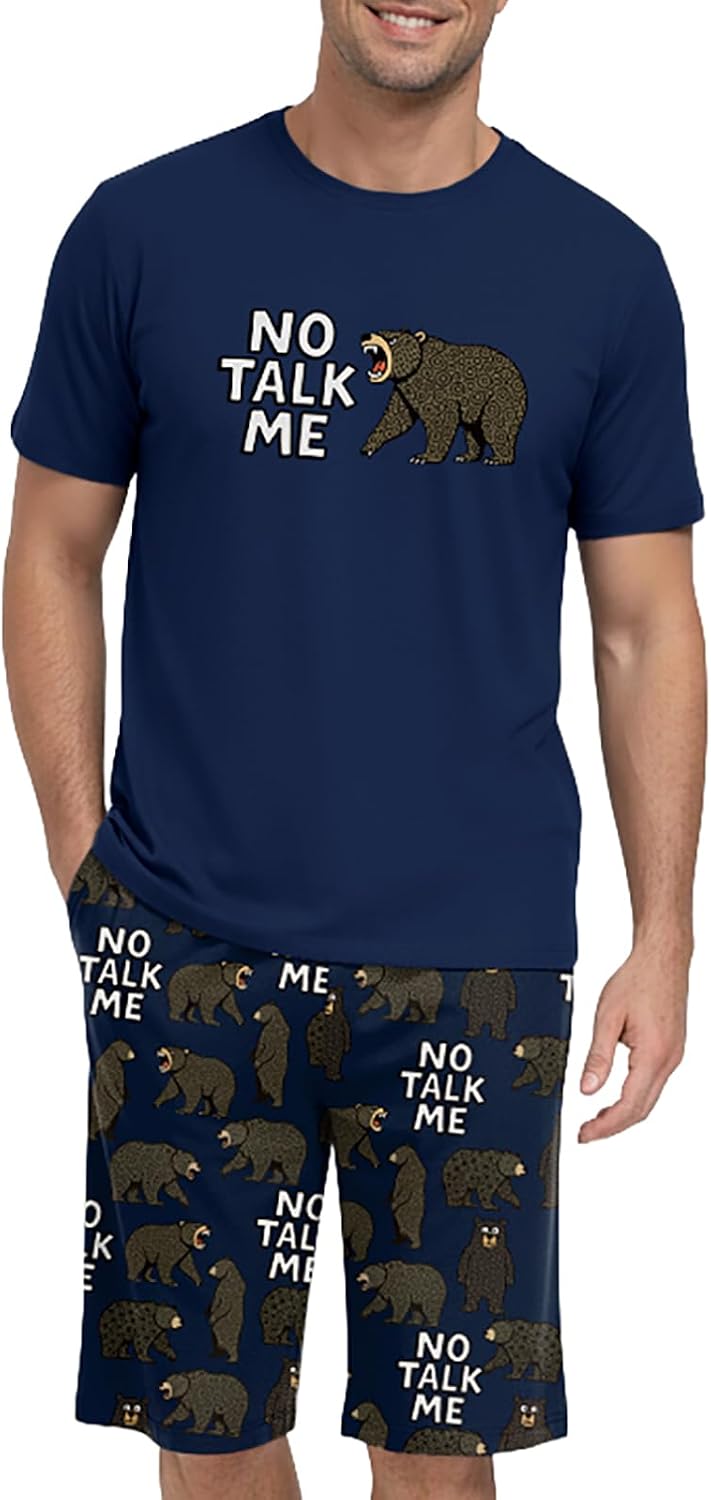 PrinStory Men Pajama Set Summer Pjs Sleepwear Short Sleeve Graphic Tee and Printed Shorts Novelty Loungewear With Pocket