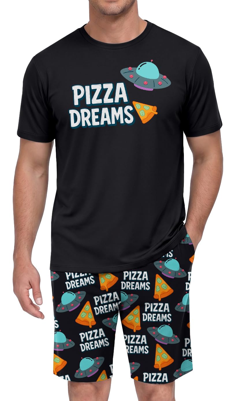 PrinStory Men Pajama Set Summer Pjs Sleepwear Short Sleeve Graphic Tee and Printed Shorts Novelty Loungewear With Pocket