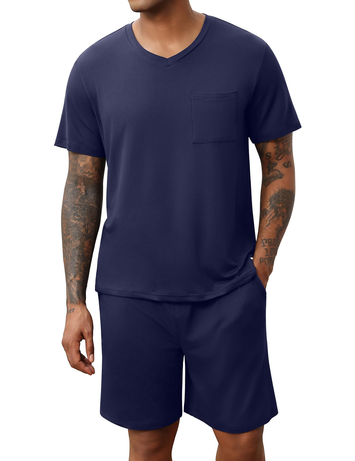 Ekouaer Mens Pajamas Set Soft Lounge Set V Neck Sleep Nightwear Short Sleeve Pjs with Pocket S-XXL