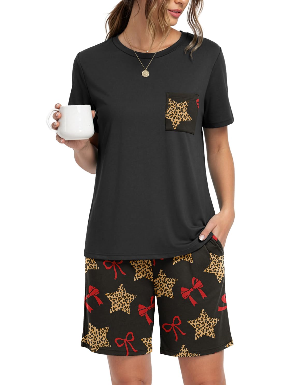 PrinStory Couples Pajamas Set Shirts and Shorts Summer Comfy Lounge Family