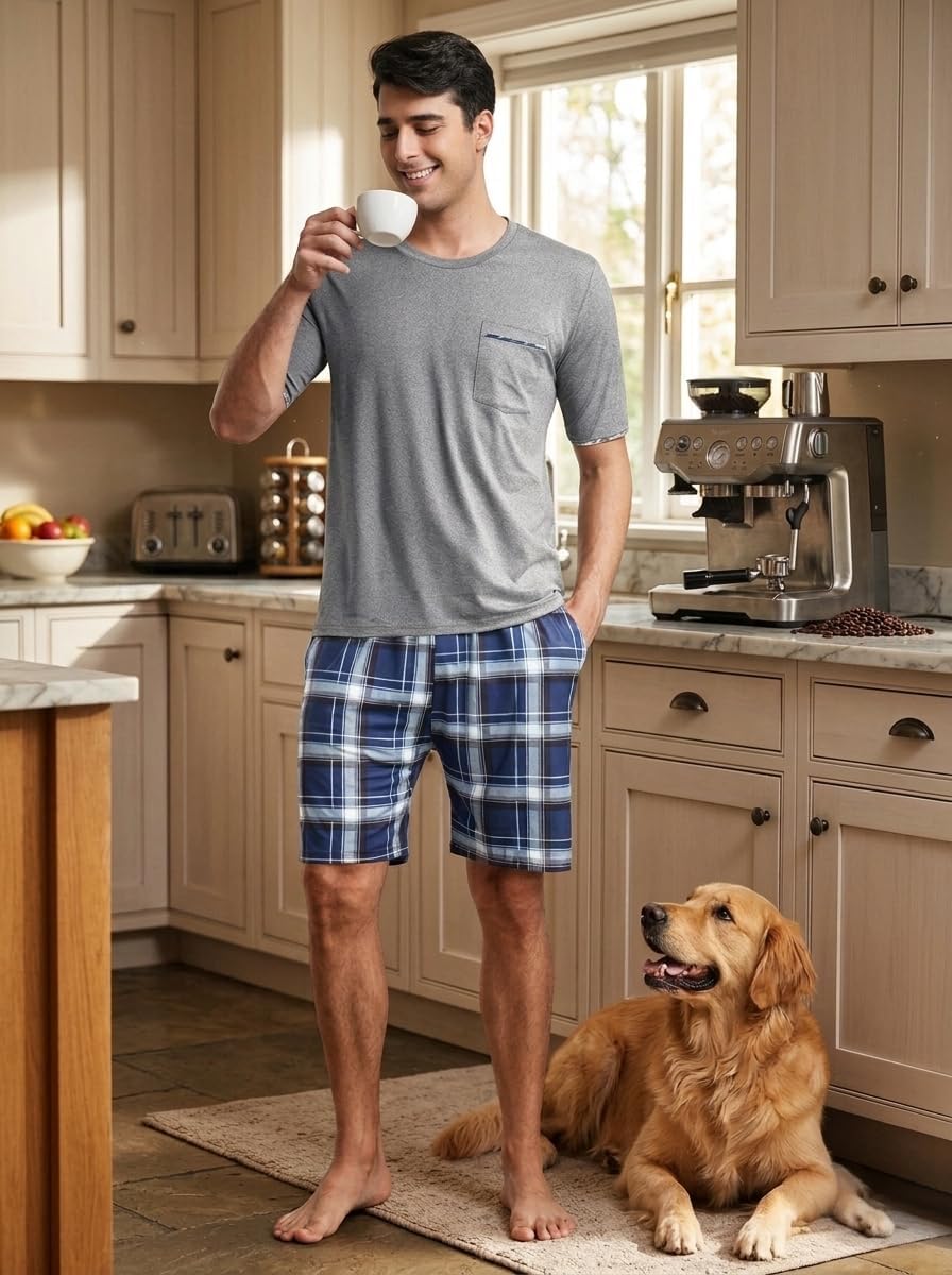 MoFiz Mens Pajamas Set Summer Pjs Sleepwear Short Sleeve Shirt and Shorts Lightweight Soft Loungewear with Pockets S-3XL