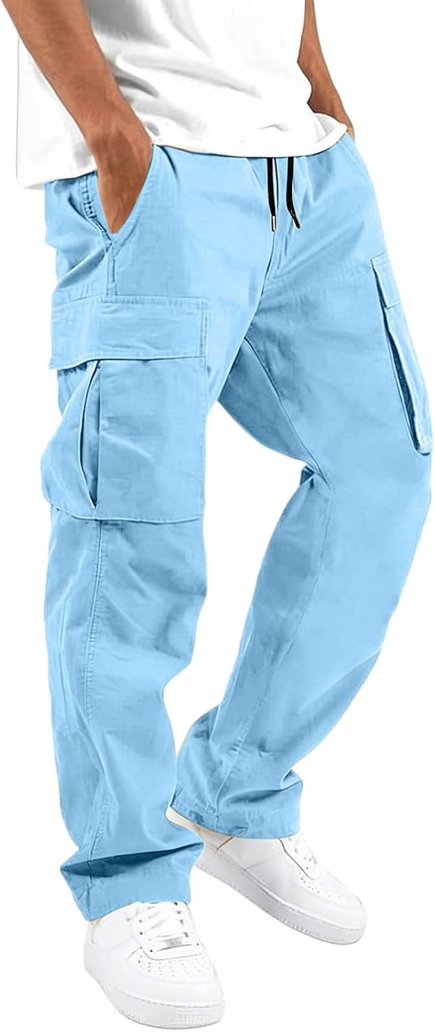 Mens Cargo Pants Relaxed Fit Elastic Waist Drawstring Straight Leg Hiking Workout Outdoor Joggers with Pockets