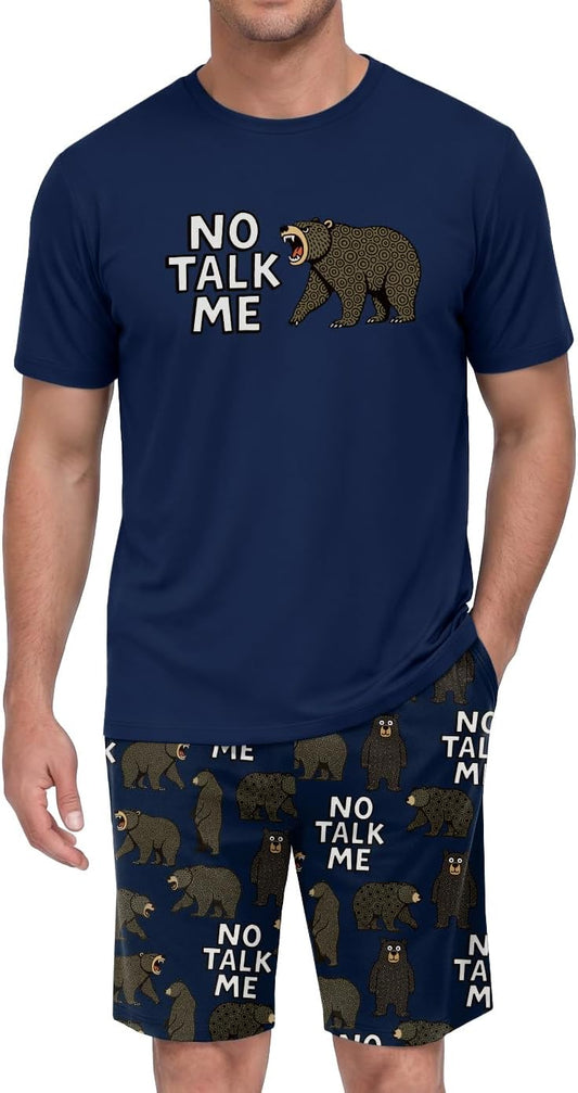 PrinStory Men Pajama Set Summer Pjs Sleepwear Short Sleeve Graphic Tee and Printed Shorts Novelty Loungewear With Pocket