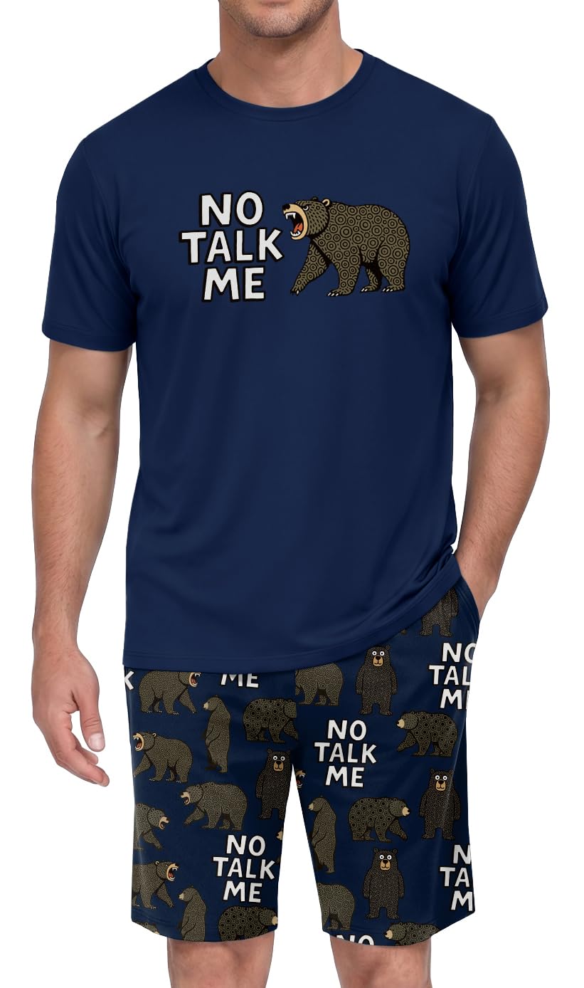PrinStory Men Pajama Set Summer Pjs Sleepwear Short Sleeve Graphic Tee and Printed Shorts Novelty Loungewear With Pocket
