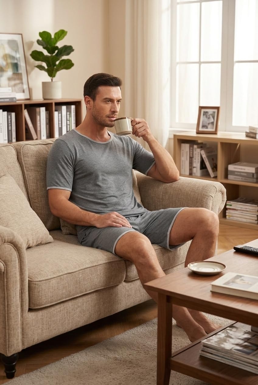 MoFiz Men's Pajamas Set Summer Sleepwear Pjs Soft Short Sleeve Shirts and Shorts 2 Piece Lougewear with Pockets S-3XL