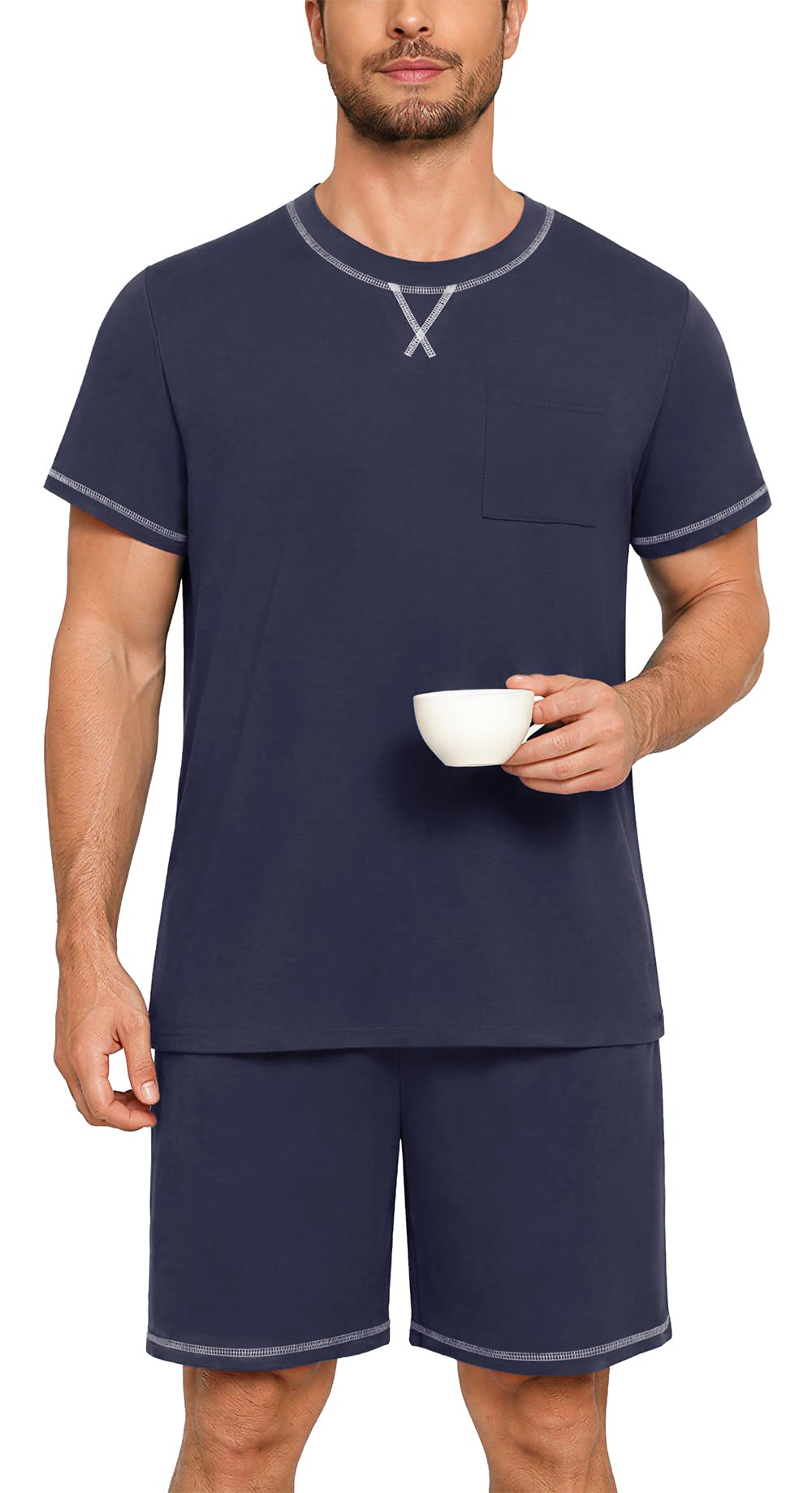 Men's Pajamas Set Casual Short Sleeve Shirts and Shorts 2 Piece Loungewear With Pockets