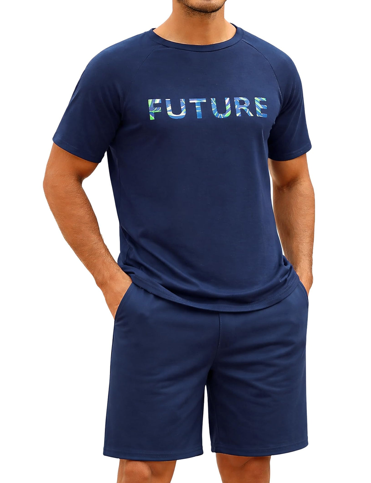 Sykooria Mens Pajamas Set Cotton Pajamas Shorts Set Short Sleeve Pjs Sets Soft Sleepwear S-XXL
