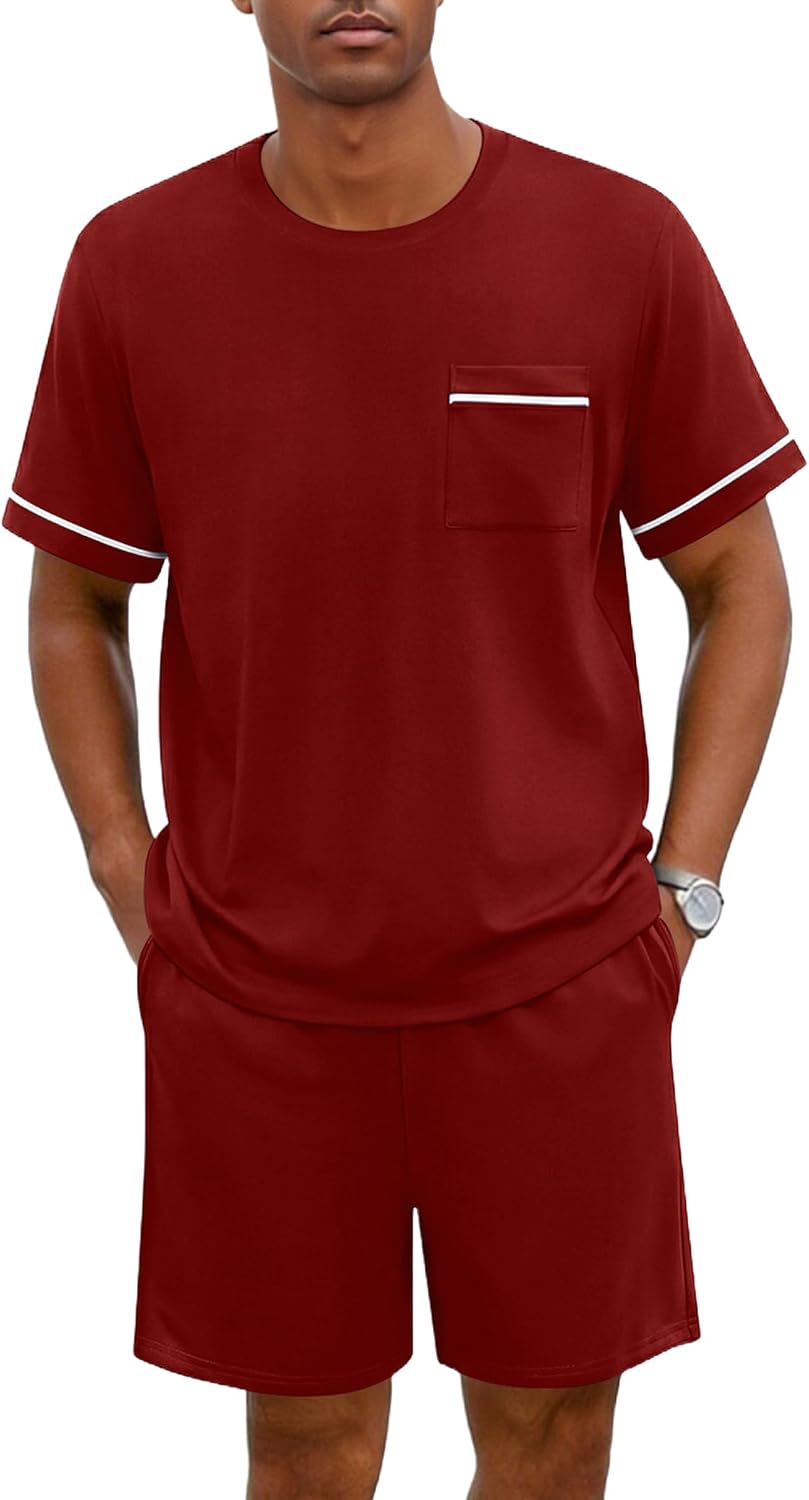 Ekouaer Men pajama set 2 Piece Short Sleeve Shirt and Shorts Lounge Sets