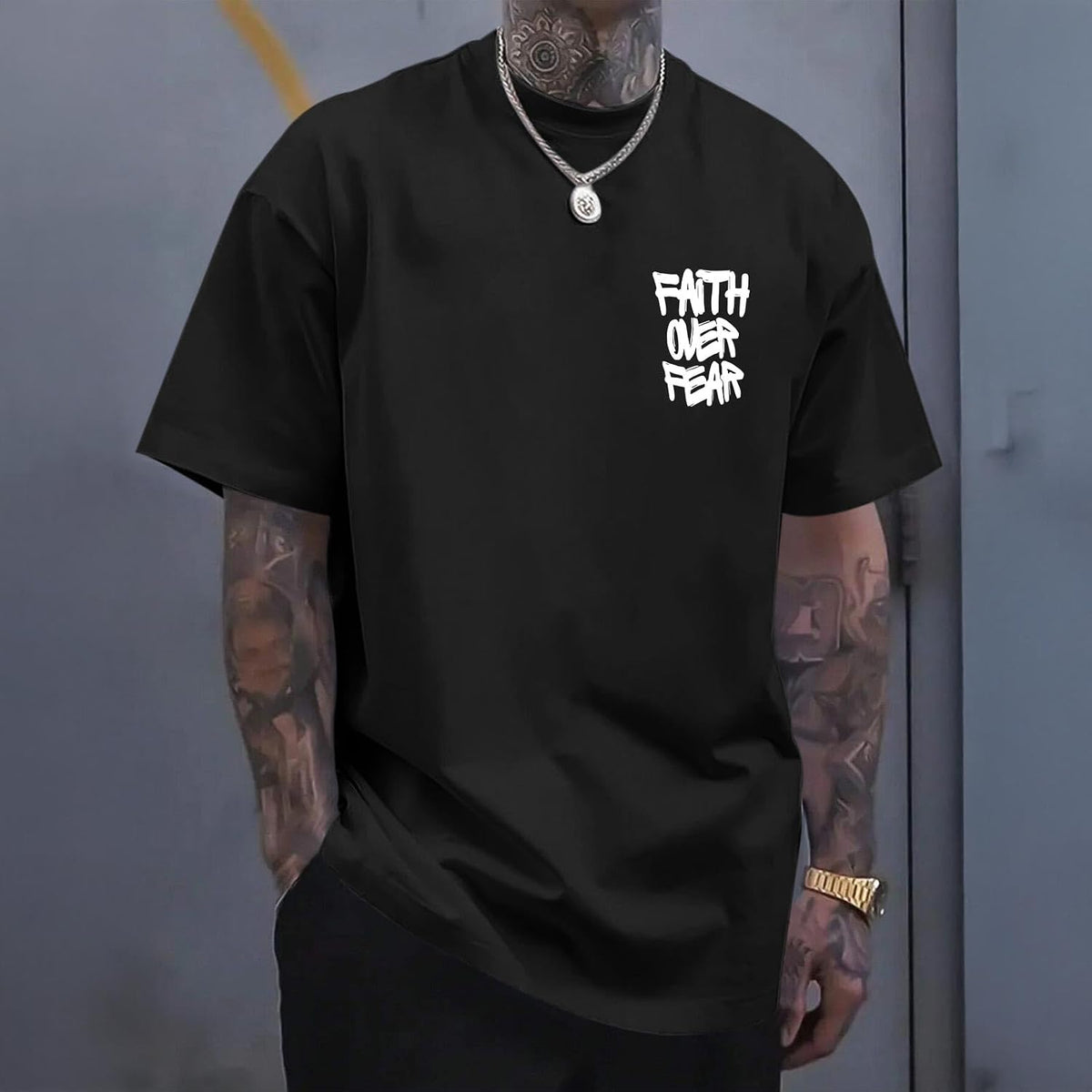 Christian Faith Over Fear Shirts for Men Jesus Religious Shirt Inspirational Oversized Graphic Tees God T-Shirt Tops